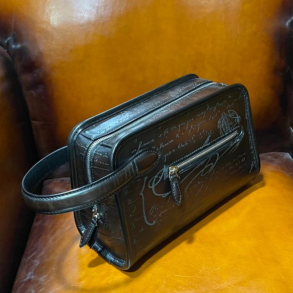Новая сумка для стирки Berluti, дорожная сумка для хранения, кожаная сумка для стирки с утренним рисунком, импортная кожаная вышивка, процесс вытирания цвета ручной работы