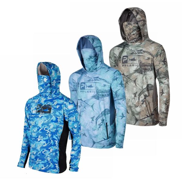 Другие спортивные товары PELAGIC Рубашки для рыбалки Upf 50 с длинными рукавами и капюшоном для лица Camisa Pesca Быстросохнущие топы Маска с защитой от ультрафиолета Одежда 231214