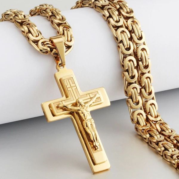 Religiöse Männer Kruzifix 14k Gelbgold Kreuz Anhänger Halskette schwere byzantinische Kette Halsketten Jesus Christus Heilige Schmuck Geschenke