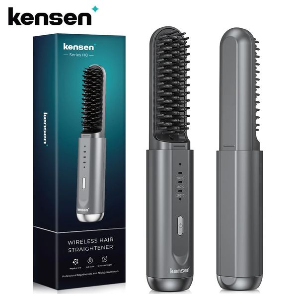 Alisadores de cabelo Kensen Alisador de cabelo escova íon negativo USB recarregável sem fio rápido calor reto encaracolado pente de estilo de cabelo para homens mulheres 231213