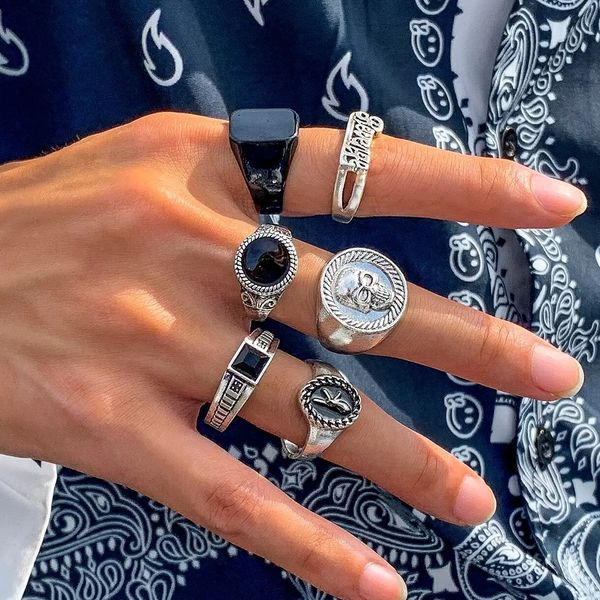 Anéis de casamento 6 peças conjunto gótico retro crânio antigo anel de prata conjunto neutro punk esculpido dedo jóias acessórios vapor punk mens 231213