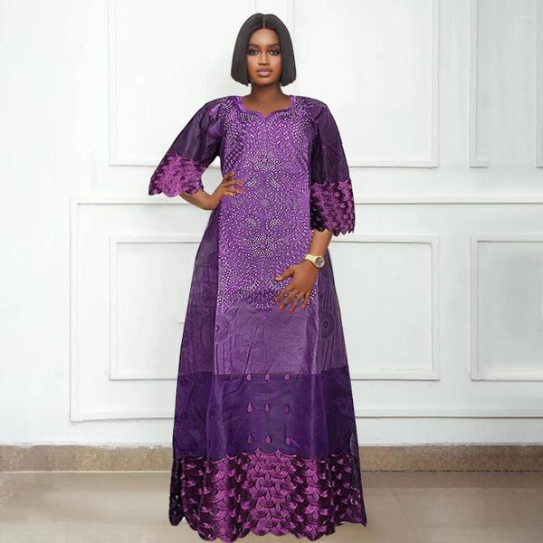Etnik Giysiler HD Afrika Elbiseleri Kadınlar Geleneksel Bazin Mor Nakış Dantel Kadın Elbise Cobe Femme Afrika Düğün Partisi