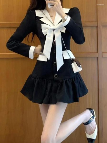 Vestidos casuais 2023 preto japonês kawaii um pedaço vestido mulheres arco retalhos vintage festa de noite feminino chique frança retro roupas