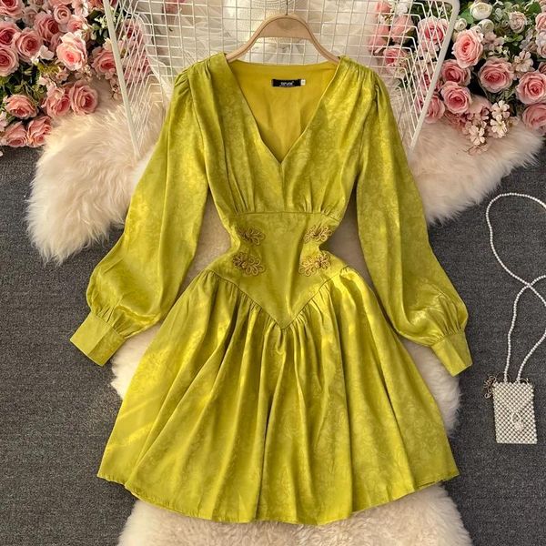 Casual Kleider Vintage Damen Kleid Stilvolle Feste Farbe Gelb Jacquard Weibliche Laterne Hülse Hohe Taille Schlank Vestidos 2023 Herbst