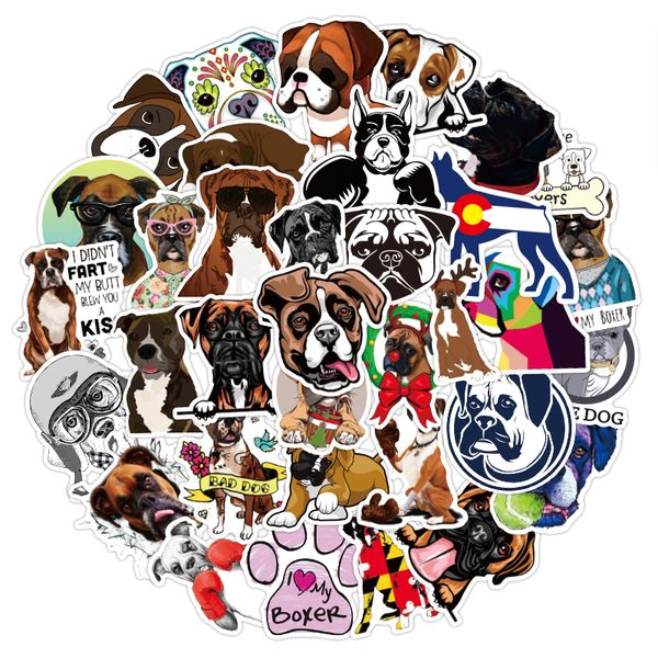 50 pezzi all'ingrosso boxe cane cartoon simpatico adesivi in ​​PVC impermeabile per frigorifero per auto taccuino per laptop tazza da tazza telefonica Destina di biciclette Skateboard Case.