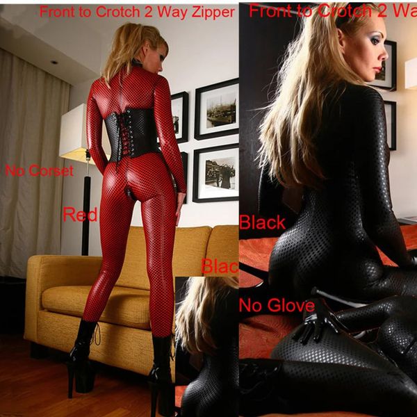 Cuecas calcinha mulheres preto vermelho falso couro látex catsuit clubwear sexy macacão com zíper para virilha trajes de fetiche sexual 231214