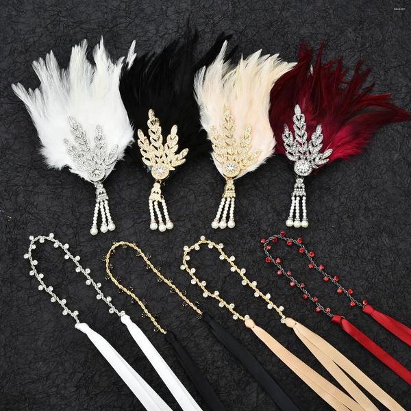 Grampos de cabelo 1920s The Flapper Girl Feather Headpiece Crystal Tassel Headband para festa de fantasia Halloween Carnaval