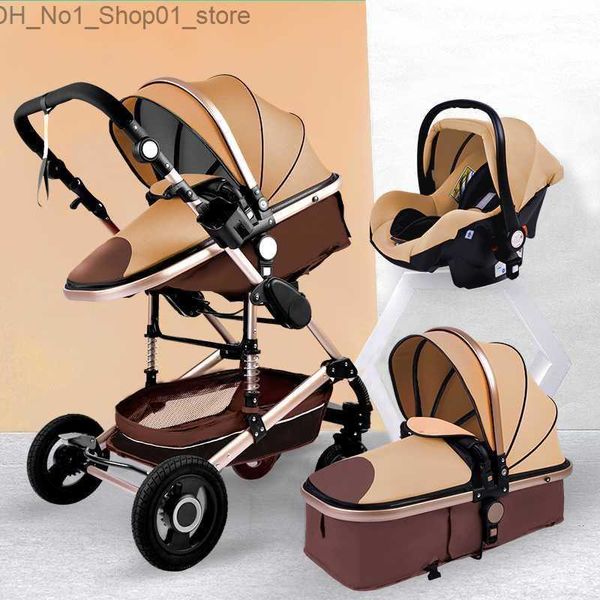 Passeggini # Passeggino di lusso 3 in 1 Passeggino portatile ad alto paesaggio Oro nero Carrozzina pieghevole multifunzionale Passeggino per neonato1 morbido Q231215