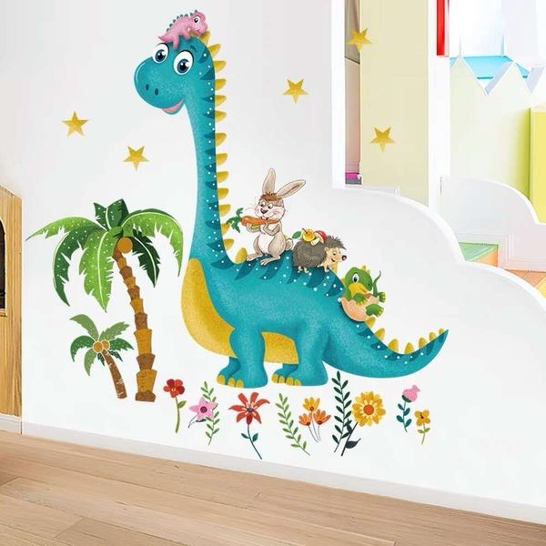 Adesivo de parede grande dinossauro cerceta com animais, desenho animado, para quarto de crianças, sala de estar, berçário do bebê, decalques de parede, adesivo decorativo de pvc