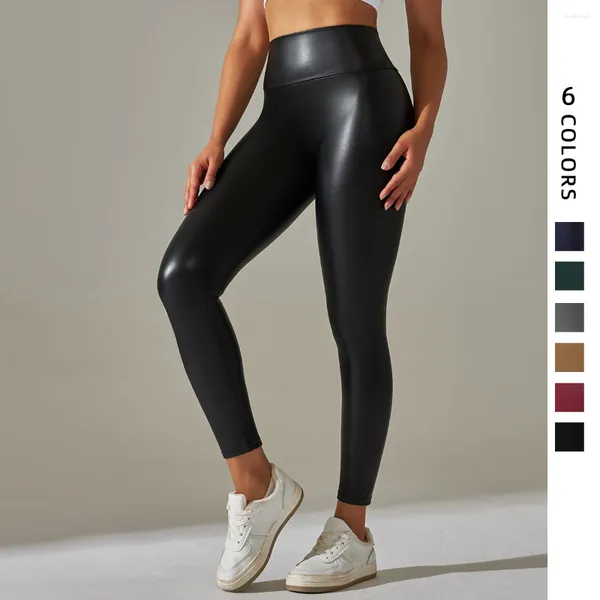 Aktive Hosen Hohe Taille Sport Leggings Frauen Super Stretch PU Stoff Yoga Slim Fit Atmungsaktive Workout Laufhose Weibliche Sportswear