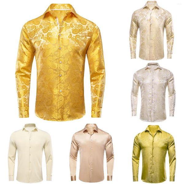 Herrenhemden Gold Beige Elfenbein Champagner Seide Herren Casual Revers Langarmhemd Jacquard Bluse für Männer Hochzeit Geschäftsgeschenk