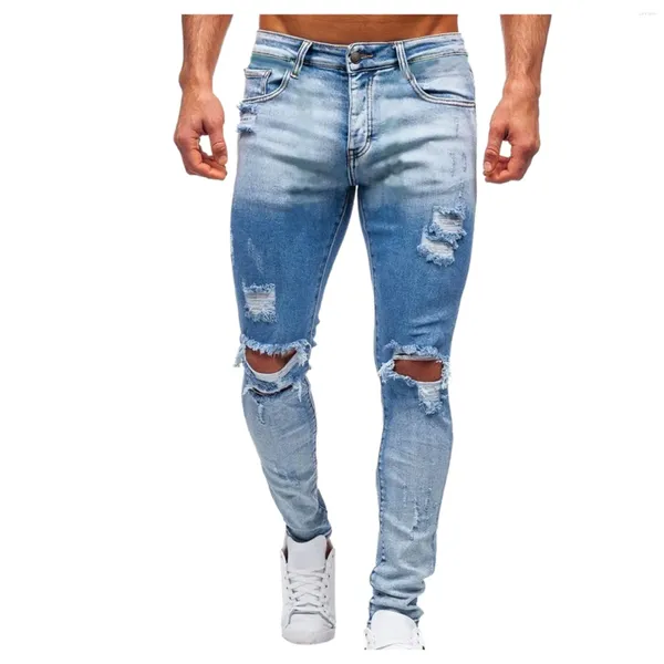 Calças de brim masculinas casuais calças jeans zíper aberto placket água moída buraco reto tecido pés fino ajuste moda calças oversize