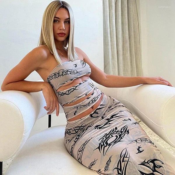 Vestidos casuais Lygens Tie Dye Imprimir oco sem mangas elegante praia y2k streetwear mulheres inverno noite festa roupas