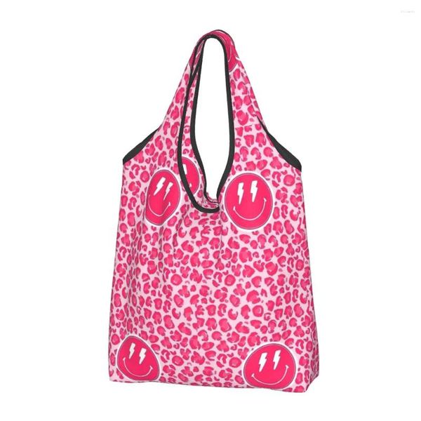 Sacos de compras grandes reutilizáveis preppy estética rosa leopardo impressão sorriso mercearia reciclar sacola dobrável lavável leve