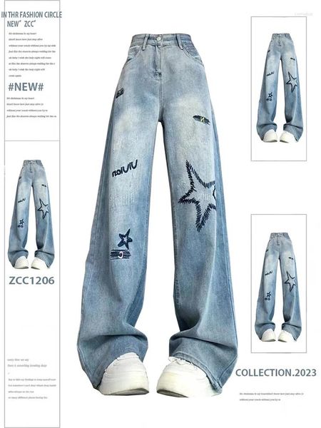 Damen Jeans Blau Baggy Star Graffiti Vintage Y2k Denim Hose Harajuku 90er High Waist Cowboy Hose 2000er Trashy Kleidung 2023