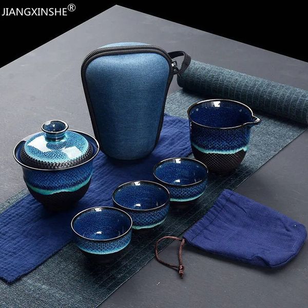 Çay Bardakları Çin Kung Fu Seyahat Seti Seramik Sır Çayını Çay Fincanı Gaiwan Porselen Teaset Sıkışları TeAware Setleri İçecek Teremony 231214