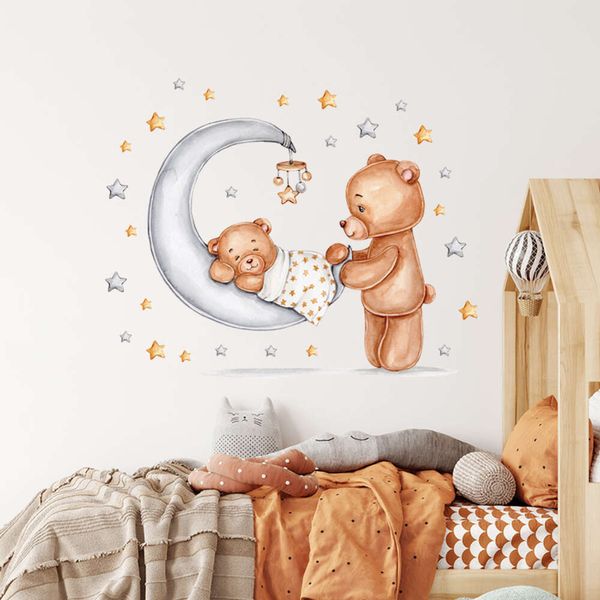 Orso cartone animato mamma e bambino sulla culla Adesivi murali Decalcomanie da muro per la cameretta dei bambini Adesivi decorativi per feste per baby shower Decorazioni nurali