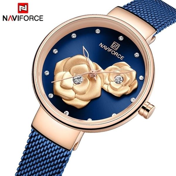 Naviforce relógio feminino marca superior ouro rosa azul quartzo senhoras relógios malha de aço à prova dwaterproof água relógio de pulso para menina relogio feminino 20246k