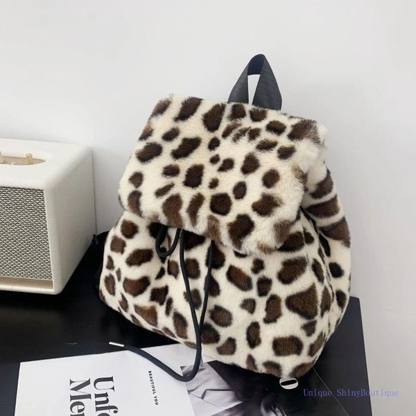 Sacos escolares de pele falsa leopardo mulheres mochila sólida lã macia mochila harajuku estilo inverno senhoras saco