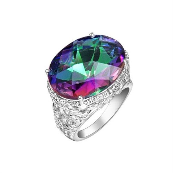 Neuester neuester Stil für Damen, farbiger Ring, Schmuck, 925er Sterlingsilber, plattiert, oval, Regenbogen-Feuer-Mystic-Topas-Edelstein, Silberringe272A