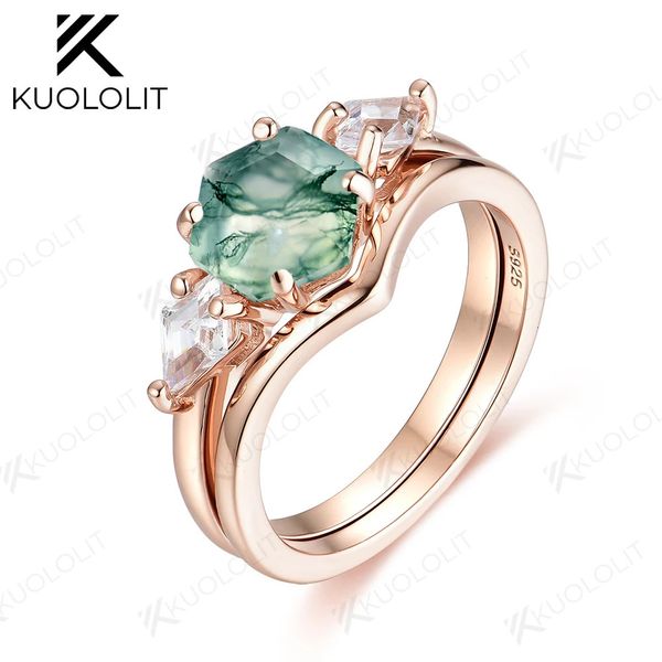 Anéis de casamento Natural Moss Ágata Hexágono 7 * 7mm Gemstone Ring Set para Mulheres Prata 925 Jóias Finas para Casamento Noivado Aniversário Presente 231214