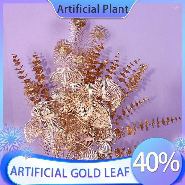 Flores decorativas plantas de plástico artificial para decoração de casa flor falsa ginkgo folha ouro eucalipto casamento atacado