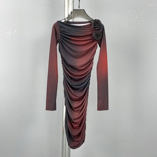 Lässige Kleider 2023 Frühling und Sommer Damenkleid Y2k Dreidimensionale Blumen verziert One-Shoulder Tie-Dye Langarm
