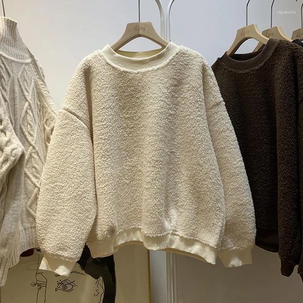 Felpe con cappuccio da donna in lana d'agnello o-collo pullover autunno inverno vintage in pile spesso caldo tinta unita felpe con maniche a goccia per 18-24 anni