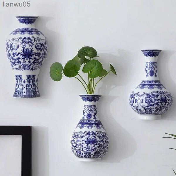 Vasos feitos à mão vaso de flores de cerâmica montado na parede com padrão azul e branco para decoração de sala de estarL231213