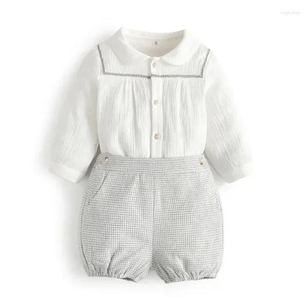 Roupas de roupas roupas de bebê espanhol para menino menina Espanha, criança, meninos algodão terno de algodão crianças de manga longa shorts de blouese brancos