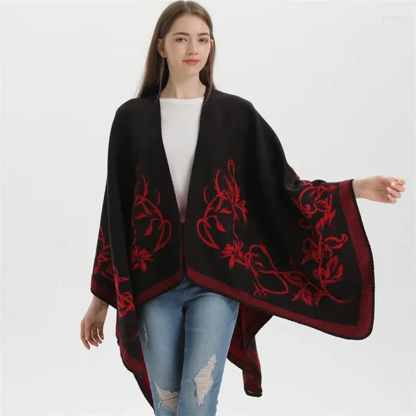 Schals Damen Morning Glory Split Schal Poncho Strickimitat Kaschmir Schal Ponchos und Capes Pullover