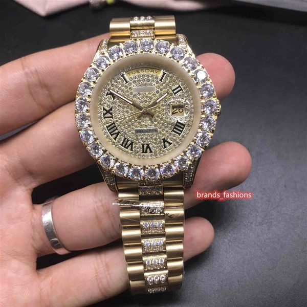 Prong Set Diamond Herrenuhren Gold Diamond Face Watch Edelstahl Middle Row Diamond Watch Automatic Mechanical Fashion262z