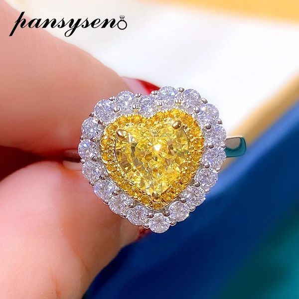 Anéis de banda Pansysen Luz Amarelo Citrino Gemstone para Mulheres Sólido 925 Sterling Silver Moda Casamento Jóias Anel Birthstone Presente 231212