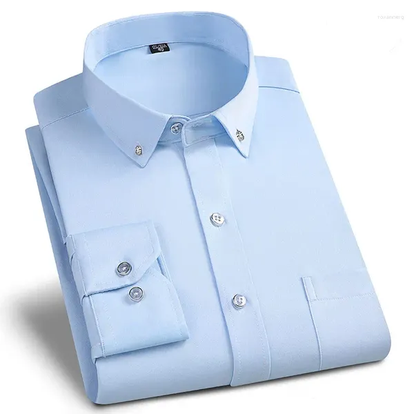 Camisas de vestido masculinas manga comprida simples botão-para baixo pescoço social formal anti-rugas clássico azul branco negócios casual camisa fina