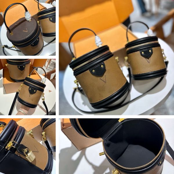 Vintage Retro Luxury Balde Bag Bag Classic Classic Leather Cannes Bags Casos de cilindros kits de higiene saco de impressão de flor marrom