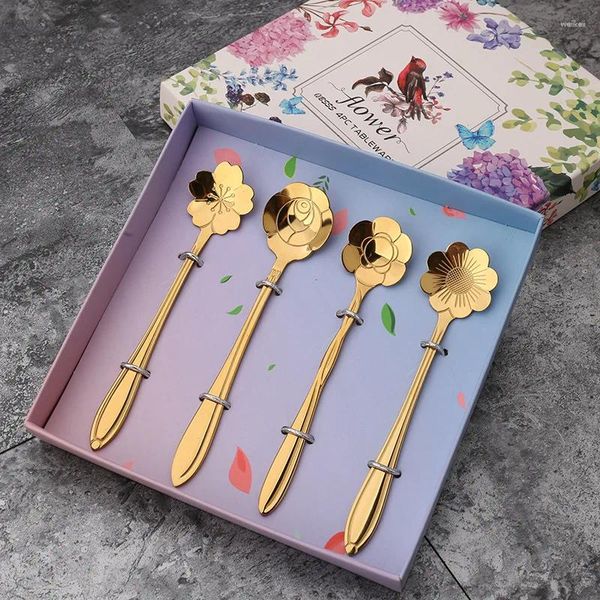 Löffel 2/4 Stück Blumenlöffel Set Gold Kaffee Geschenkbox Edelstahl Winziger Teelöffel Kreative Kirschblüte für Dessert Obst Honig