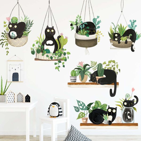 7 pçs gatos pretos pendurado cesta plantas verdes folhas adesivos de parede para sala estar quarto decalques decorativos murais papel de parede