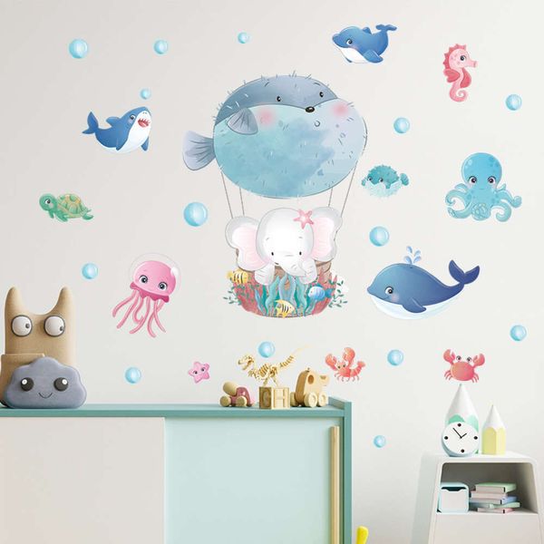 Adesivo de parede para quarto infantil, criaturas do mar, elefante, baleias, desenhos animados, subaquático, decalques de parede para quarto infantil, banheiro