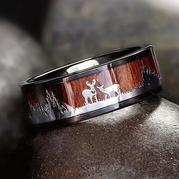 Anel de caça de tungstênio preto, incrustação de madeira, veado, silhueta, anel de casamento masculino, tamanho 6-13267h