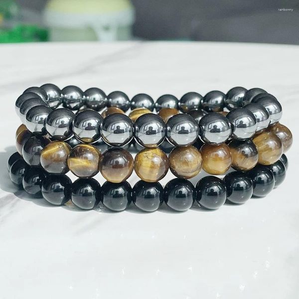 Pulseras de enlace MG2033 8 mm Tigers Eye Hematite Black Onyx Pulsera Set para hombre para mujer Piedra preciosa natural con cuentas Joyería de energía