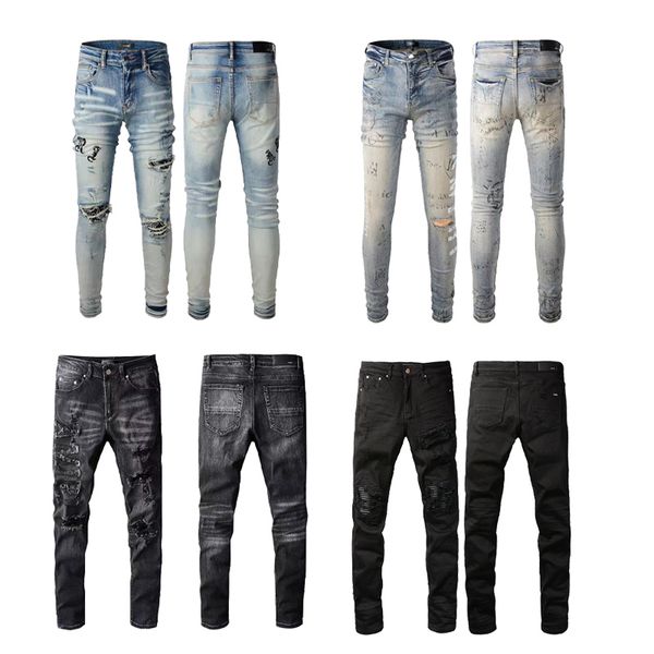 Высококачественные новые джинсы для мужских дизайнерских джинсов Мужские рваные джинсы хлопковые черные тонкие скинни мотоциклетные джинсы Мужские винтажные расстроенные джинсовые джинсы Хип-хоп штаны