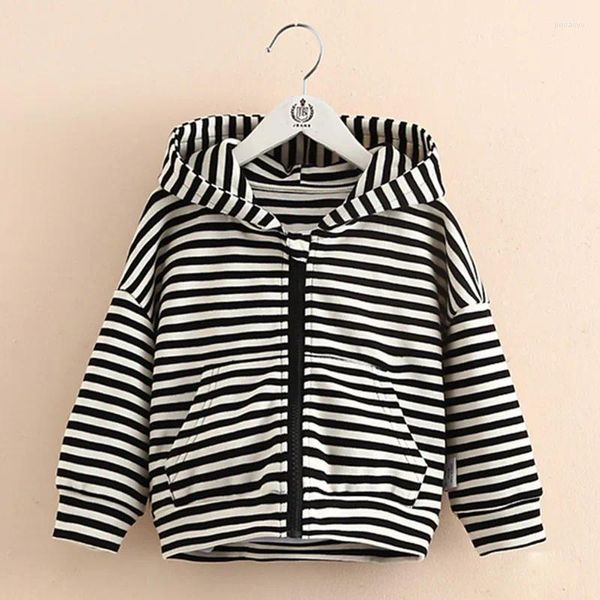 Jacken 2023 Casual Frühling Herbst 2 3 4 6 8 10 12 Jahre Langarm Kinder Weiß Schwarz Gestreifte Mit Kapuze Zipper Jacke für Kinder Baby Mädchen