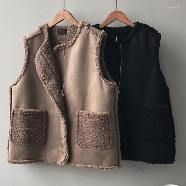 Giacca da donna Giacca coreana Elegante imitazione Agnello Vestrello a Lambia Sfalda Cappotto senza maniche Autunno Autunno Abbigliamento Caldo Spesso