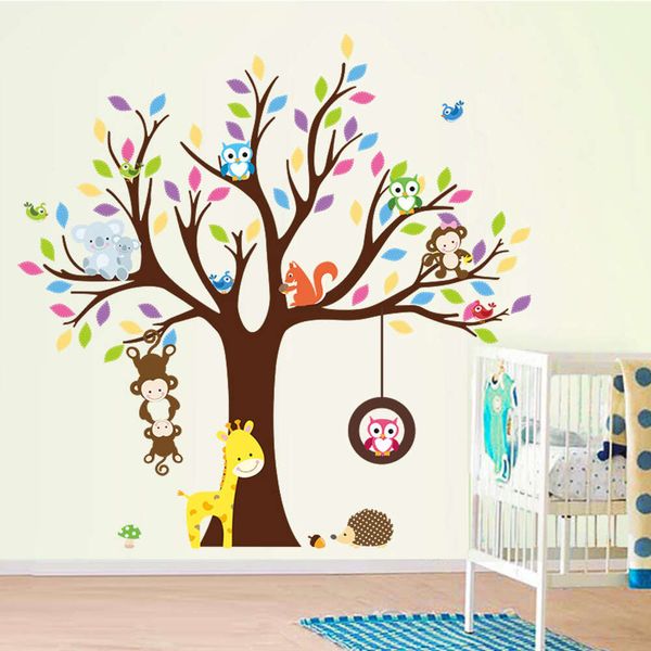 Adesivo de parede de árvore de animais, macaco, girafa, coruja, esquilo, decalques, animais do zoológico, papéis de parede para quartos de crianças, decoração, presentes para meninas