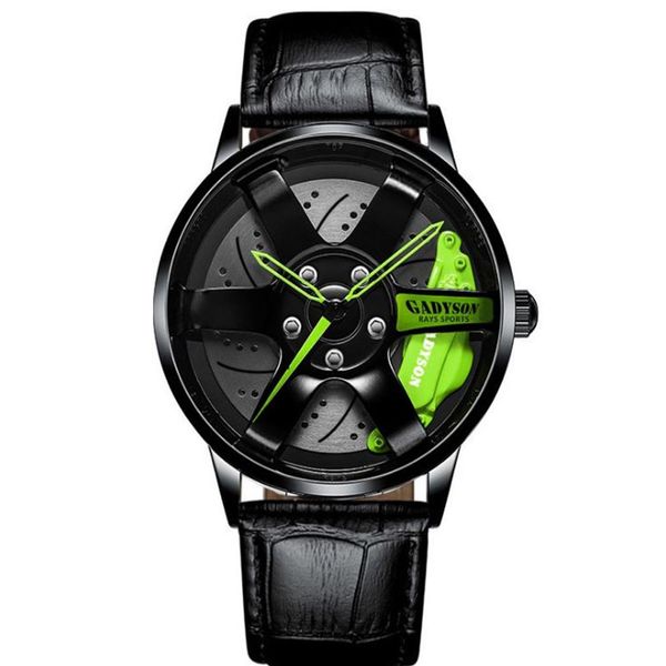 Orologio al quarzo dal design unico con lancette verdi, diametro 40 mm, stile ruota, orologi da uomo, ragazzi, studenti, locomotiva, orologi da polso creativi3446