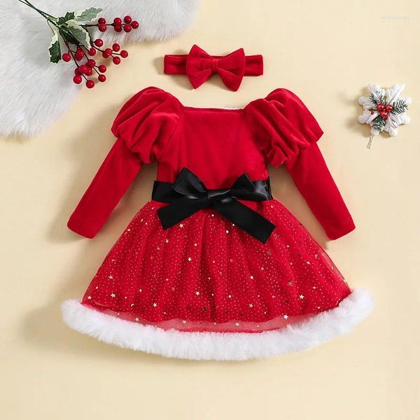 Vestidos de menina infantil vestido de Natal manga bolha estrela malha arco princesa roupas de bebê