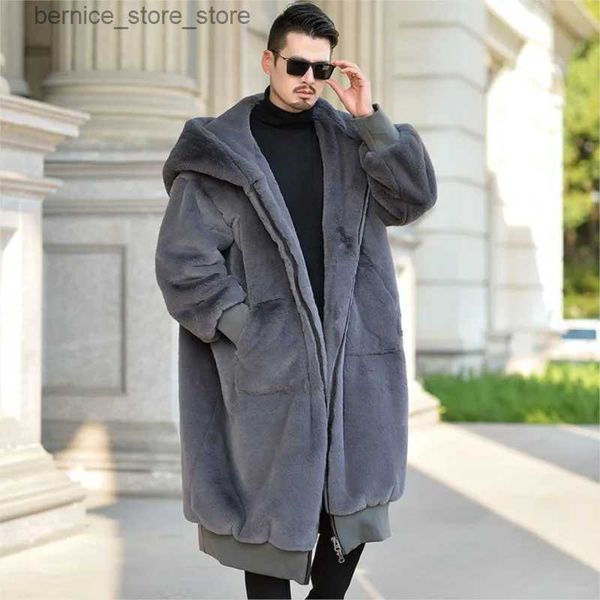Мужское меховое пальто из искусственного меха большого размера, свободная мужская длинная шуба из искусственного кроличьего меха, куртка с капюшоном, карманы большого размера, на молнии, толстое теплое зимнее X-длинное пальто Q231212