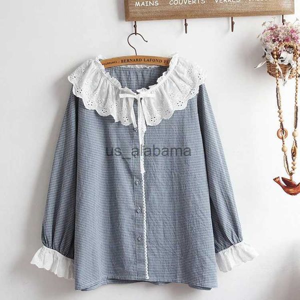 Camicette femminile camicie lamtrip boutique pizzo a quadro drap peter pan pav collare camicia a maniche lunghe camicia lolita kawaii top yq231214