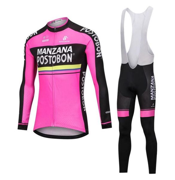 Manzana Postobon Team Radfahren Langarm-Trikot-Trägerhosen-Sets maßgeschneiderte Herren-Radsportbekleidung Outdoor-Sportbekleidung U7232383011