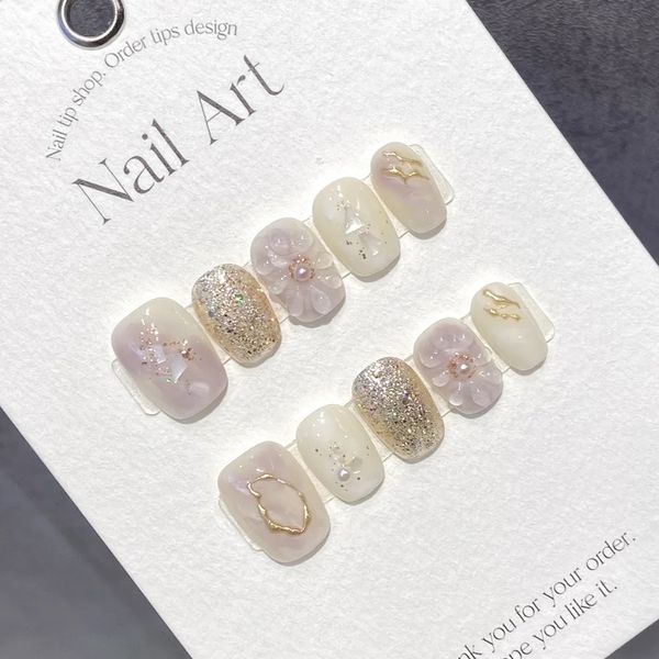 Faux ongles faits à la main à pression courte sur les ongles coréens de luxe fée adhésif réutilisable faux ongles acrylique manucure artificielle couverture complète pointes d'ongles 231214